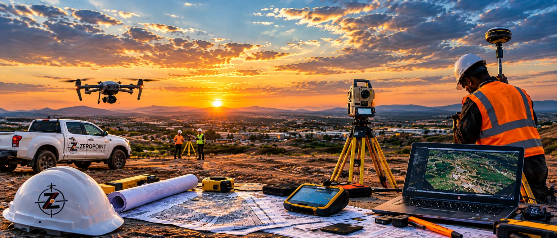 ZeroPoint surveyor using GNSS equipment at a surveying site at sunset
